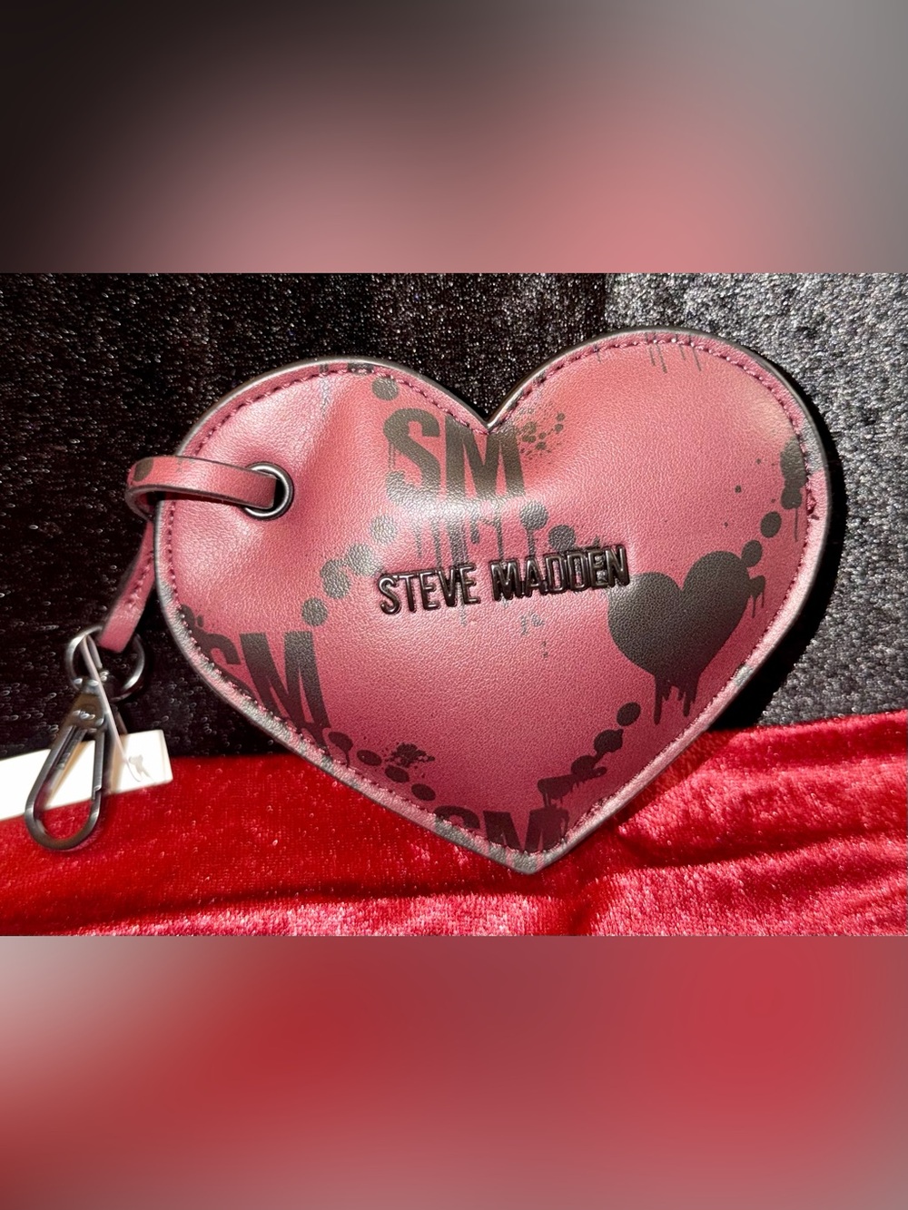 Steve Madden Pink Heart-Shaped Bag Charm with Black Graphic Accents